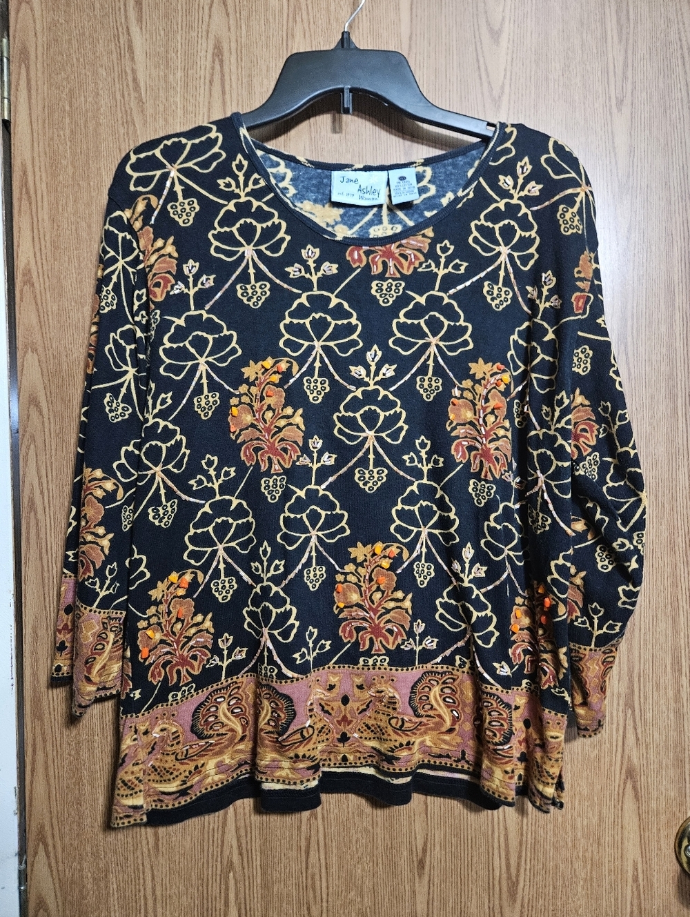 Jane Ashley Beaded Boho Floral Print 3/4 Sleeve Shirt Size 2X 100% Cotton!